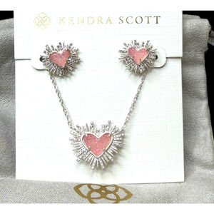 Kendra Scott x Dolly Parton Ari Heart Necklace w/ Earrings Set Silver Pink Drusy